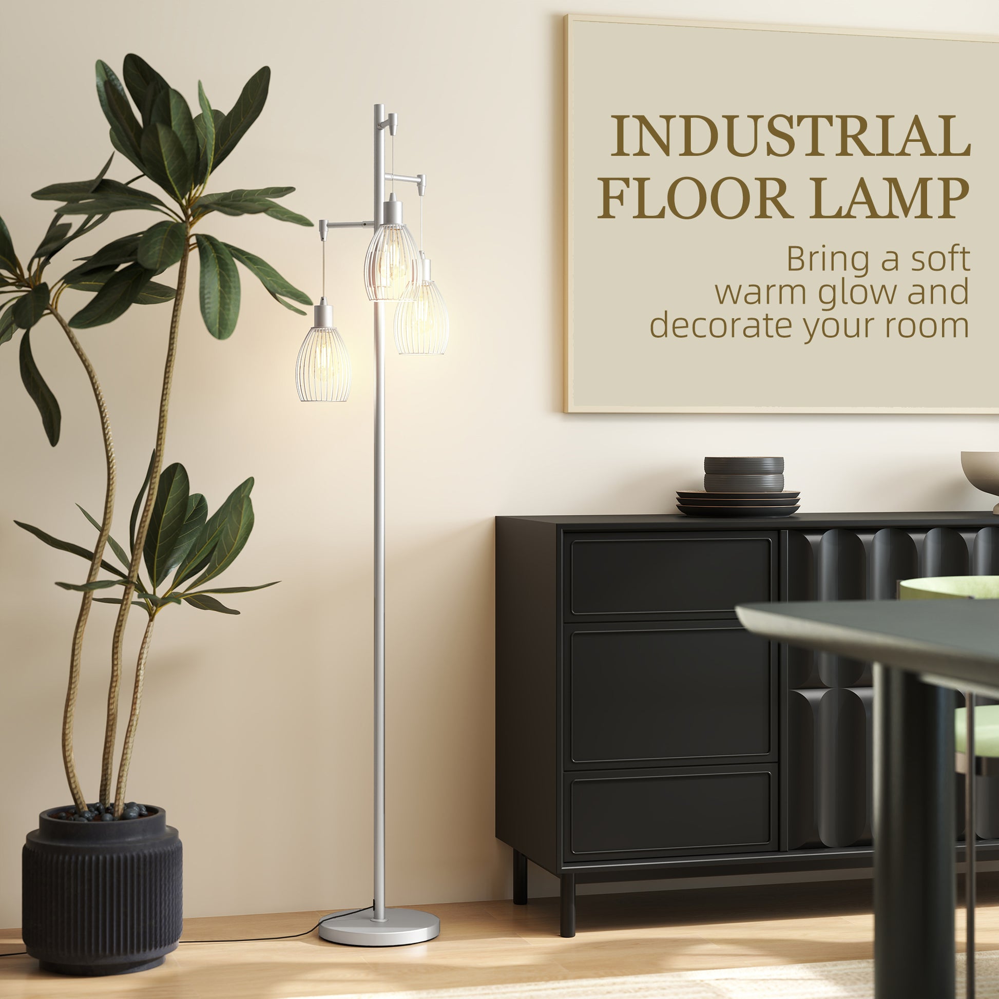 Industrial Floor Lamp with 3 Hanging Wire Lampshades, Dimmable Standing Lamp for Living Room, Silver