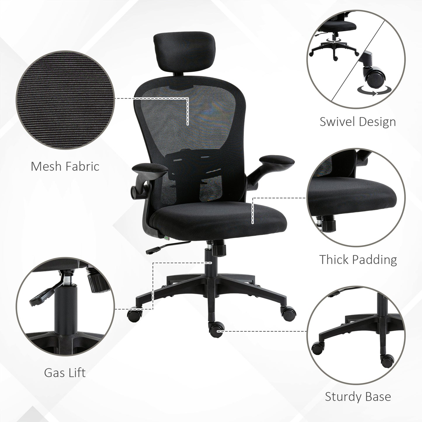 Office Chair, Mesh Computer Desk Chair with Adjustable Headrest, 4D Lumbar Support, Flip-up Arm, Black
