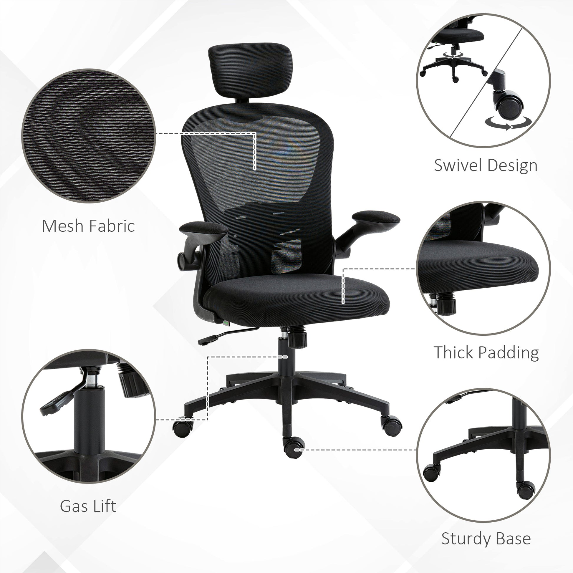 Office Chair, Mesh Computer Desk Chair with Adjustable Headrest, 4D Lumbar Support, Flip-up Arm, Black