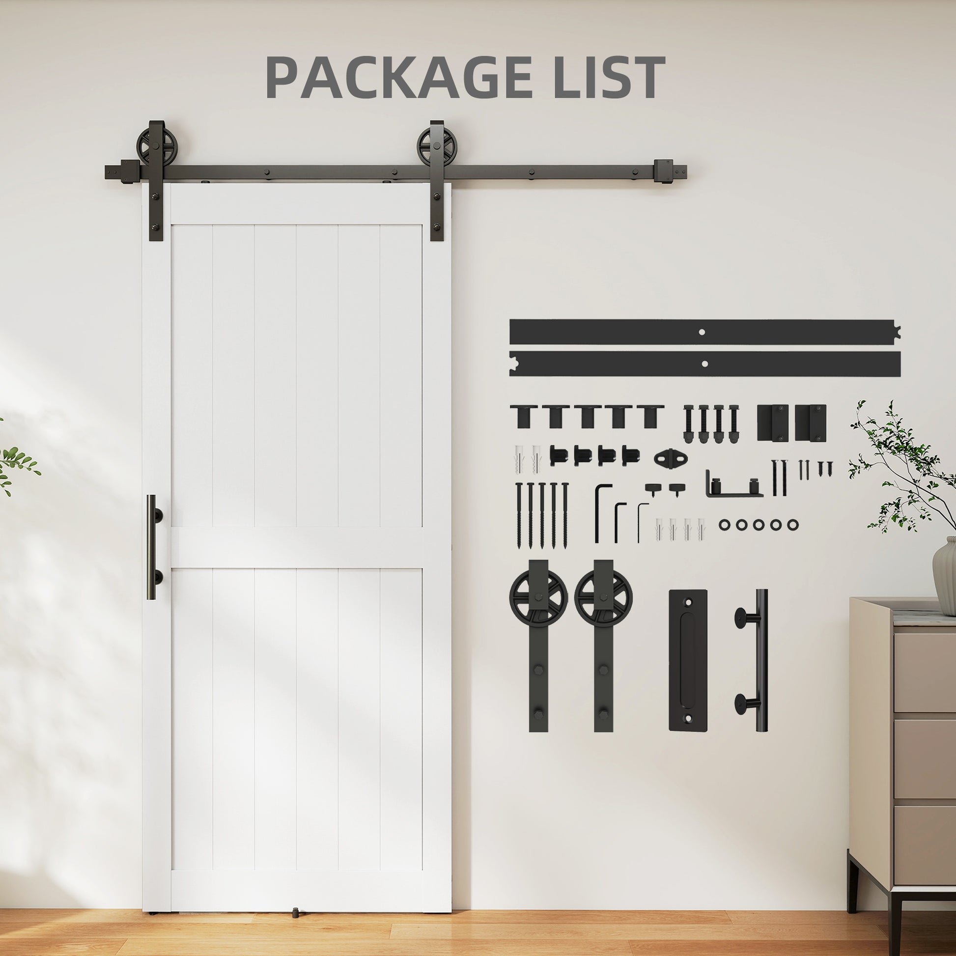 36inx84in Barn Door with 6FT Sliding Door Hardware Kit, Handle, Upgraded Rollers and Floor Guide, Waterproof, White