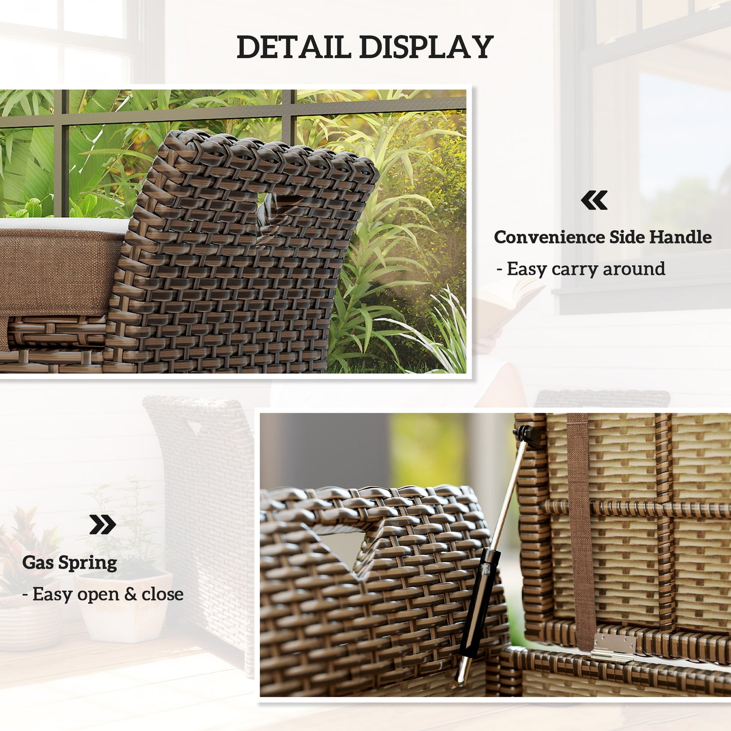 2-In-1 Outdoor Storage Bench, 29 Gallon Wicker Deck Box with Handles and Cushion, Tan