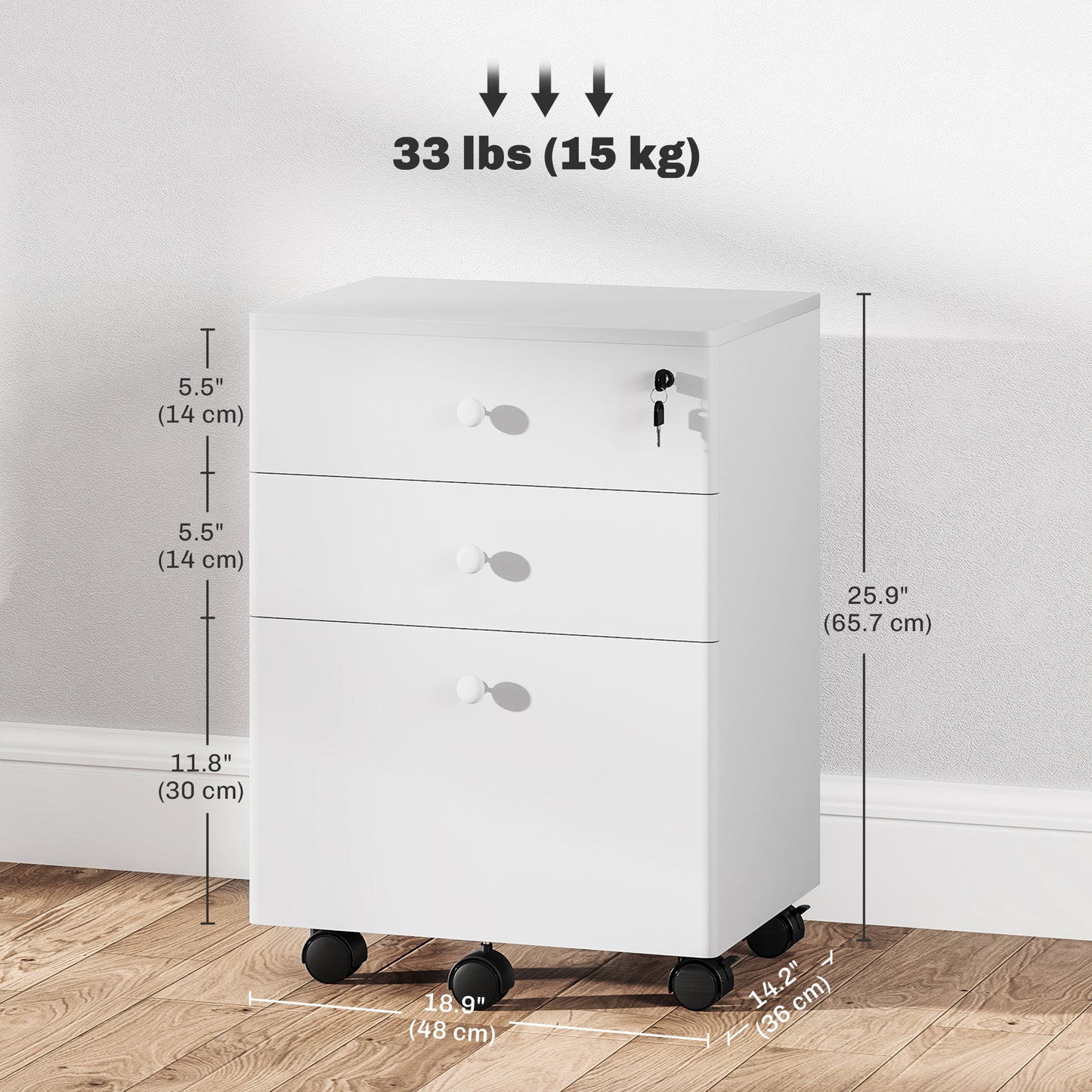 3-Drawer Small Filing Cabinet with Lock, Vertical Office Storage Cabinet with Wheels for Home Office, White