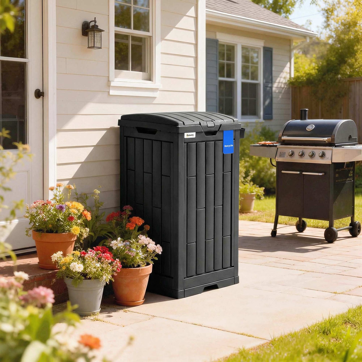 29 Gallon Outdoor Garbage Bin with Dual Lid, Plastic Outdoor Waste Trash Can with Side Holder and Drip Tray, Black