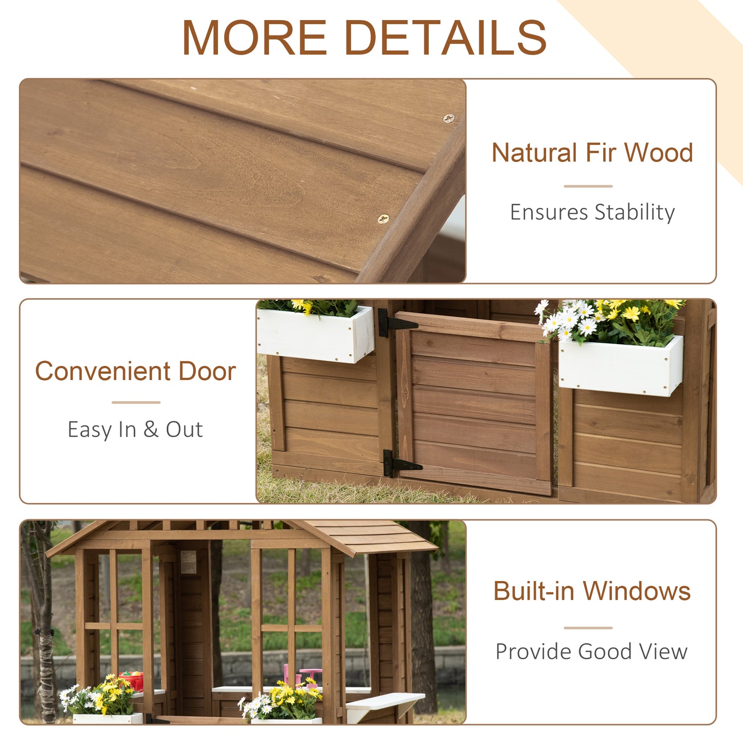 Kids Wooden Playhouse, Outdoor Garden Games Cottage with Flowers Pot Holder, Working Door, Windows, Brown