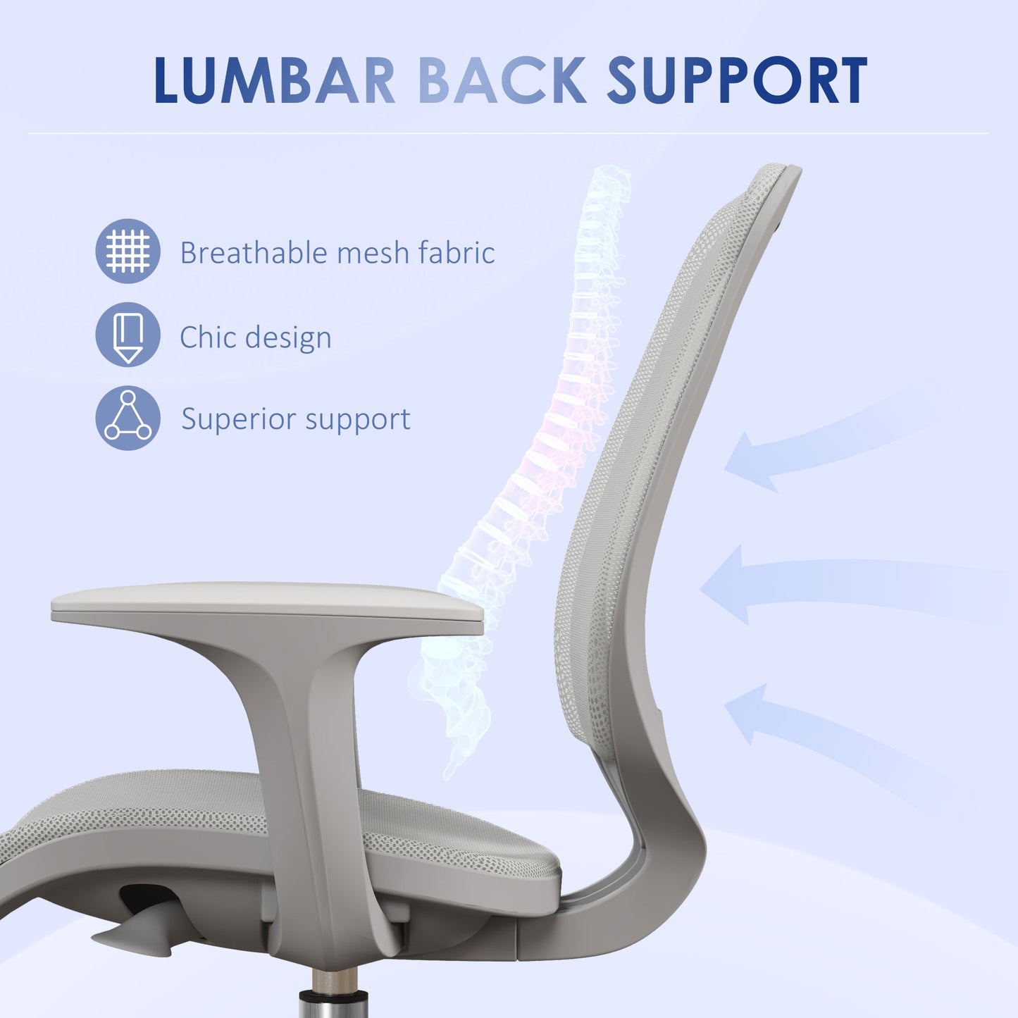 Office Chair, Small Computer Desk Chair with Mesh Back, Swivel Castors, Arm, Grey