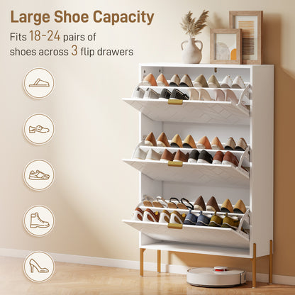 Shoe Cabinet with 3 Flip Drawers, Modern Narrow Shoe Storage Cabinet with Adjustable Shelves, White