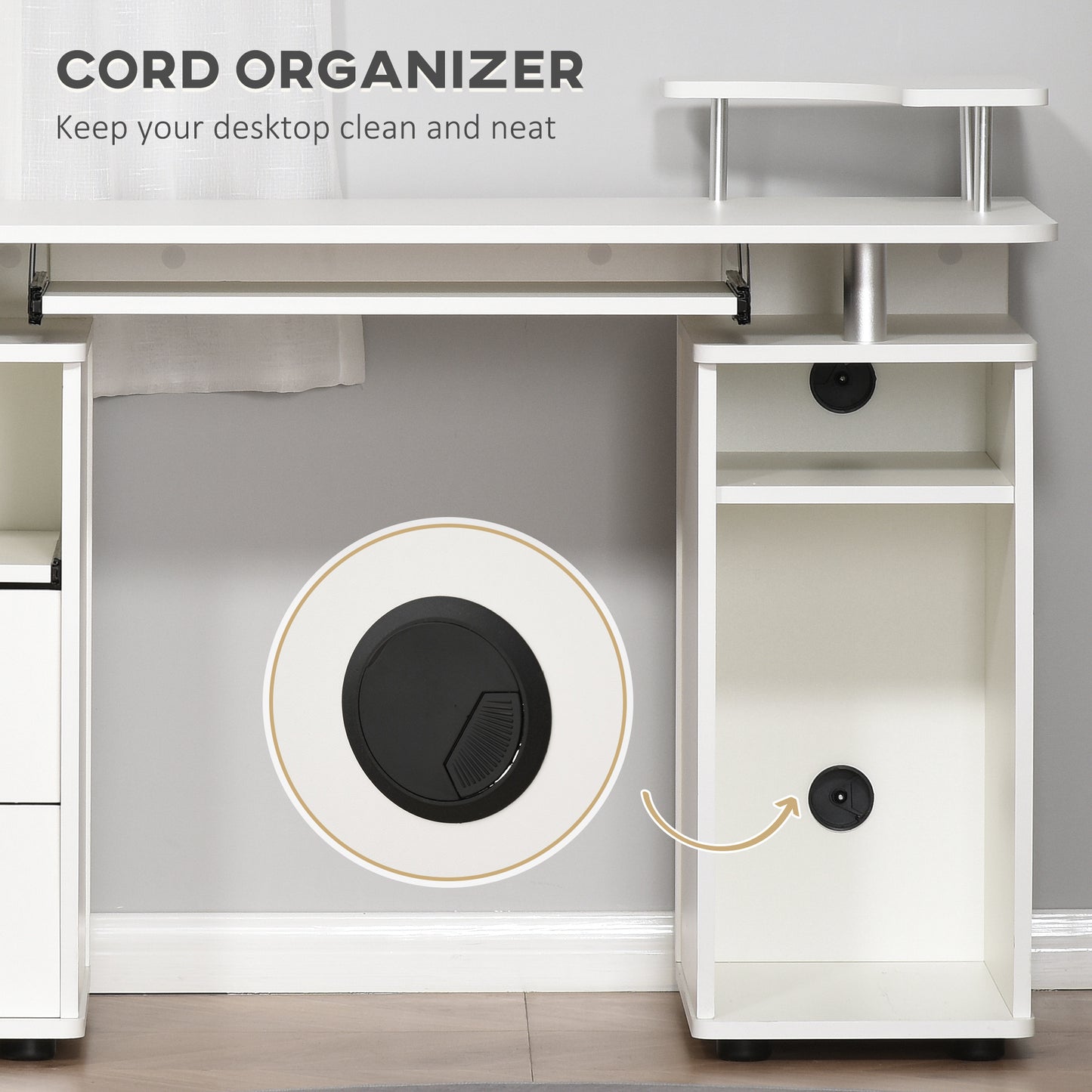 Computer Desk with Keyboard Tray, Home Office Desk with Drawers, CPU Stand, Printer Stand and Open Shelves, Writing Workstation for Study, White