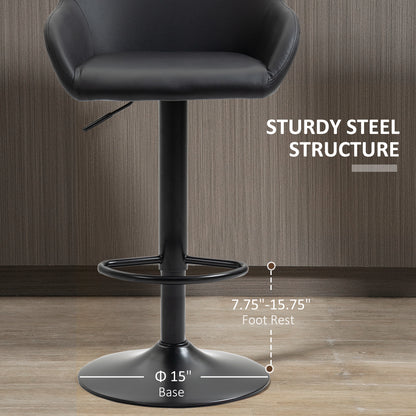 Adjustable Bar Stools Set of 2, Swivel Barstools with Footrest and Back, PU Leather and Steel Round Base, Black