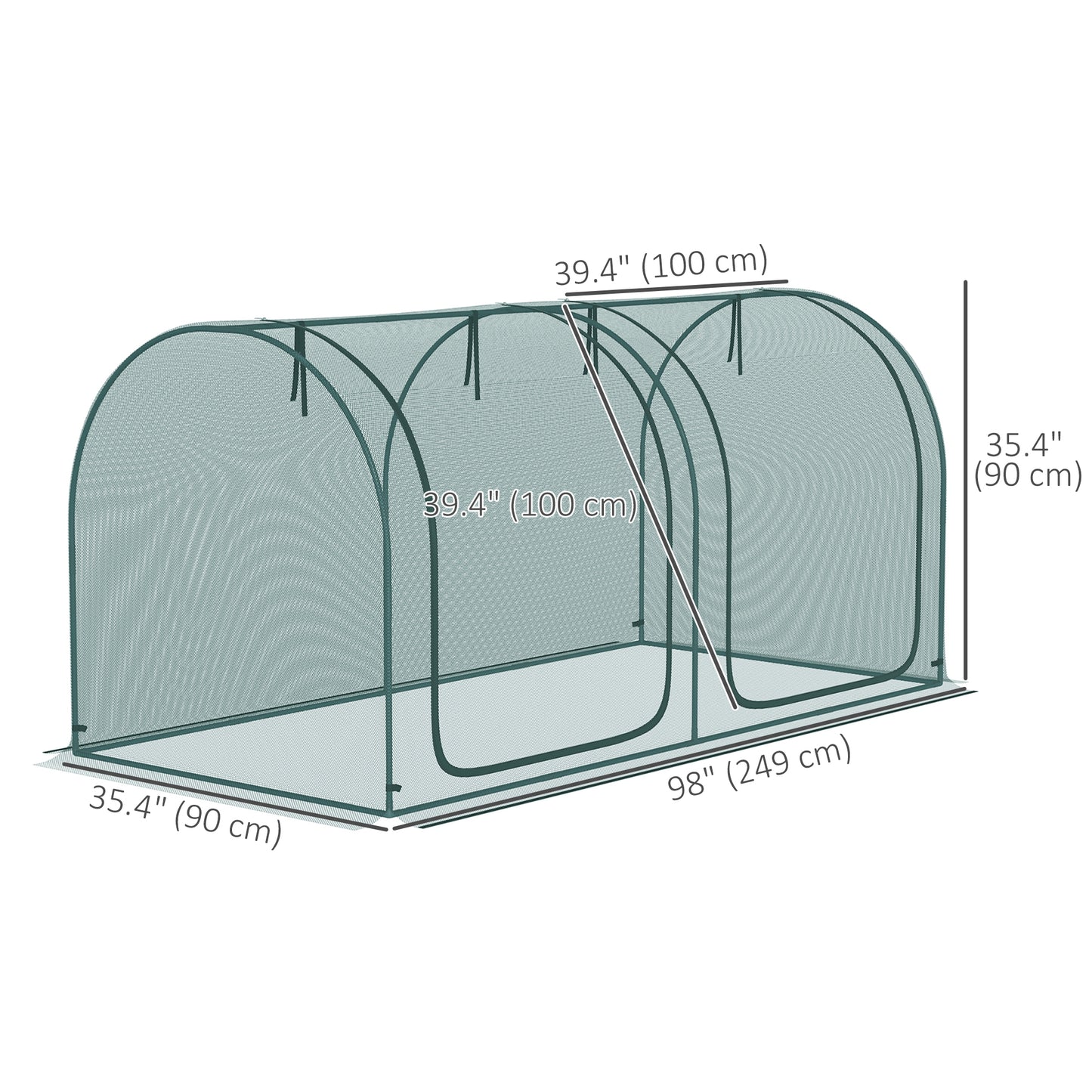 8' x 3' Crop Cage, Garden Plant Protector, with 3 Zippered Doors and 6 Ground Stakes, for Garden, Yard, Lawn Dark Green