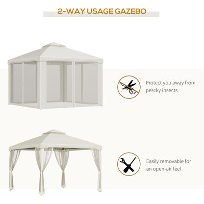 10' x 10' Patio Gazebo Pavilion, 2-Tier Roof Canopy Outdoor Shelter with Steel Frame and Mosquito Netting for Garden, Yard and Outdoor Events, Cream White