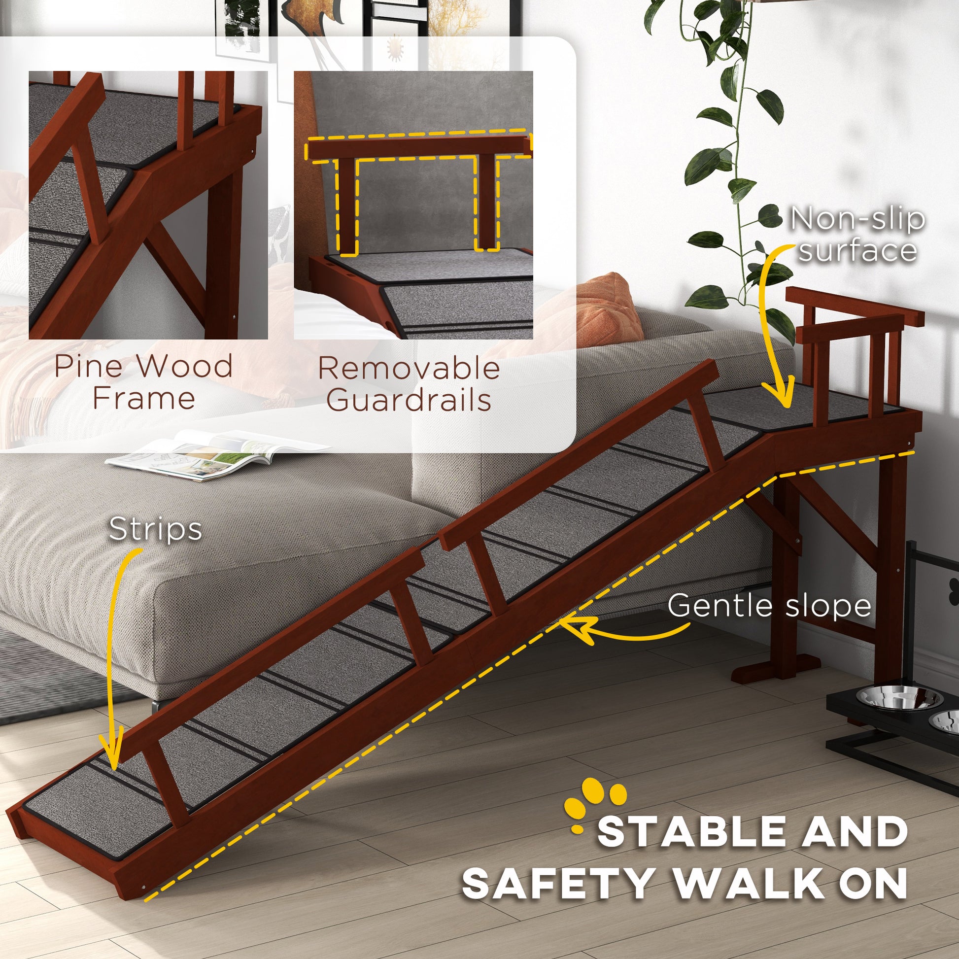 Wooden Dog Ramp for Large Dogs, 73" Long, with Non-slip Rug, Removable Guardrails for Couch, Bed, Brown