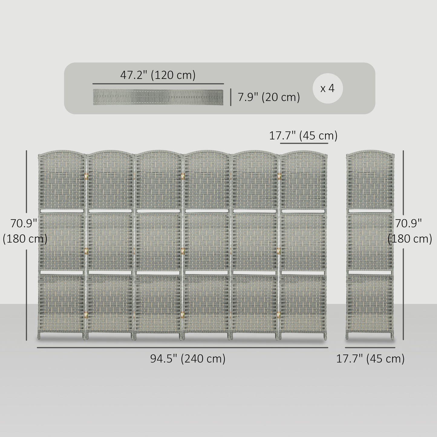 6 FT Privacy Screen, 6 Panel Room Divider with Shelves for Living Room Bedroom Home Office, Grey