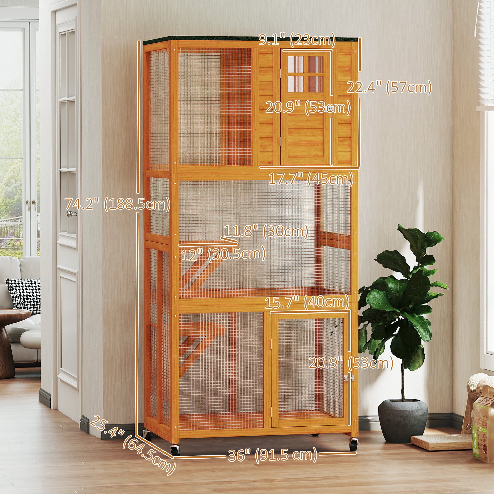 74" Wooden Outdoor Cat House Weatherproof & Wheeled with High Weight Capacity, Kitten Cage Condo, Orange