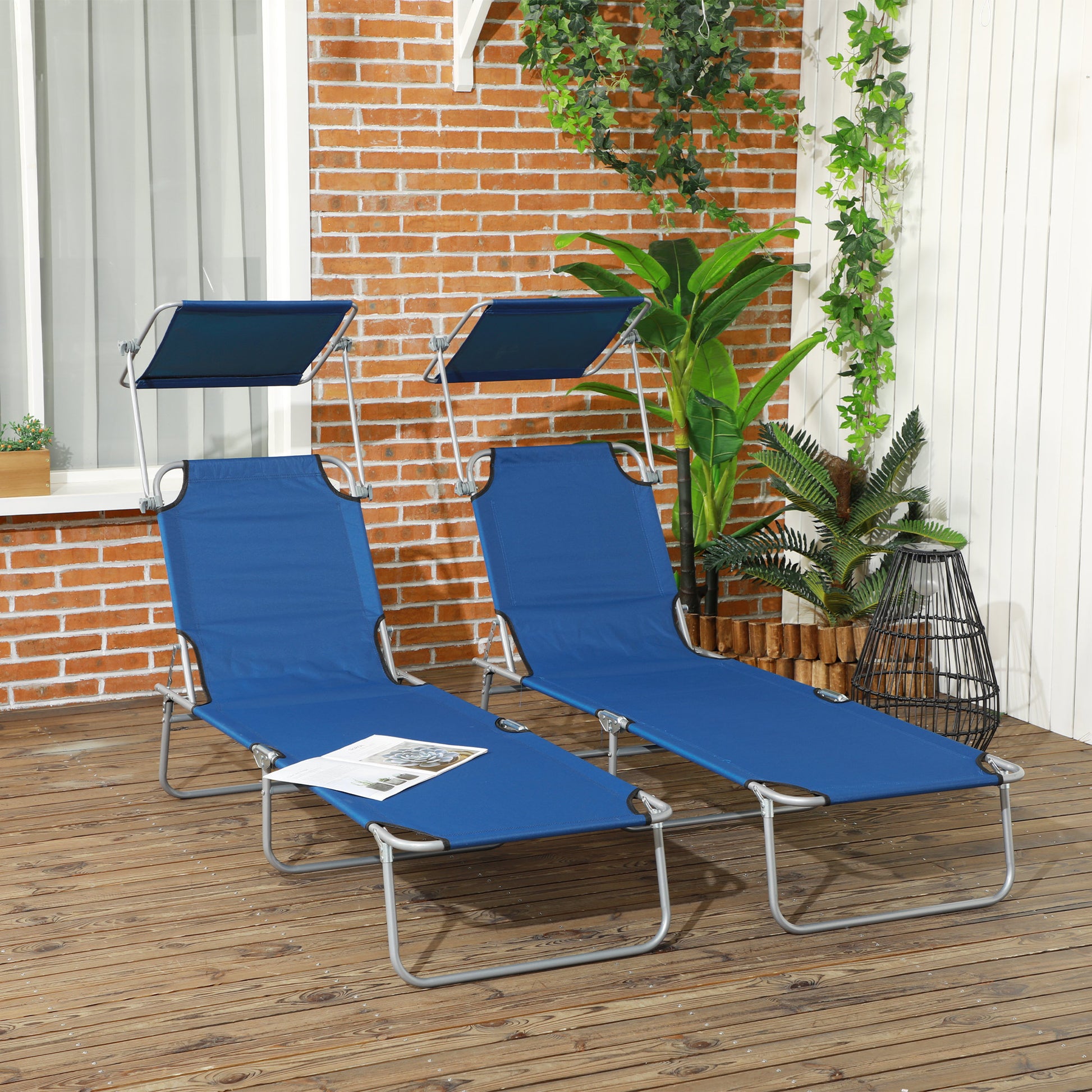 2Pcs Outdoor Lounge Chair, Adjustable Folding Chaise Lounge with Sun Shade for Beach, Camping, Hiking, Blue