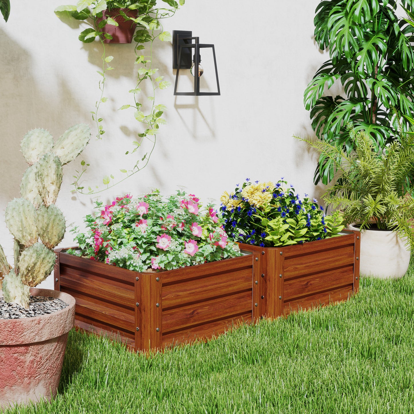 2' x 2' x 1' 2-Pieces Raised Garden Bed w/ Galvanised Steel Frame for Vegetables Flowers Herbs, Dark Brown Wood Effect