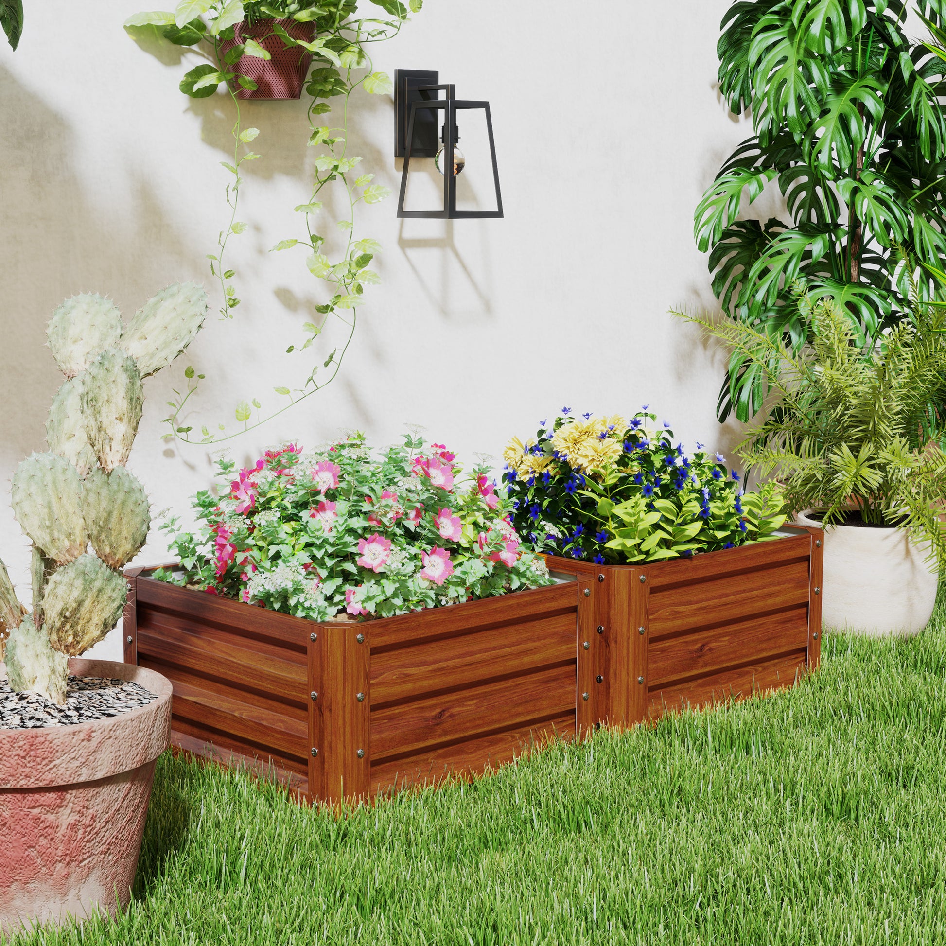 2' x 2' x 1' 2-Pieces Raised Garden Bed w/ Galvanised Steel Frame for Vegetables Flowers Herbs, Dark Brown Wood Effect