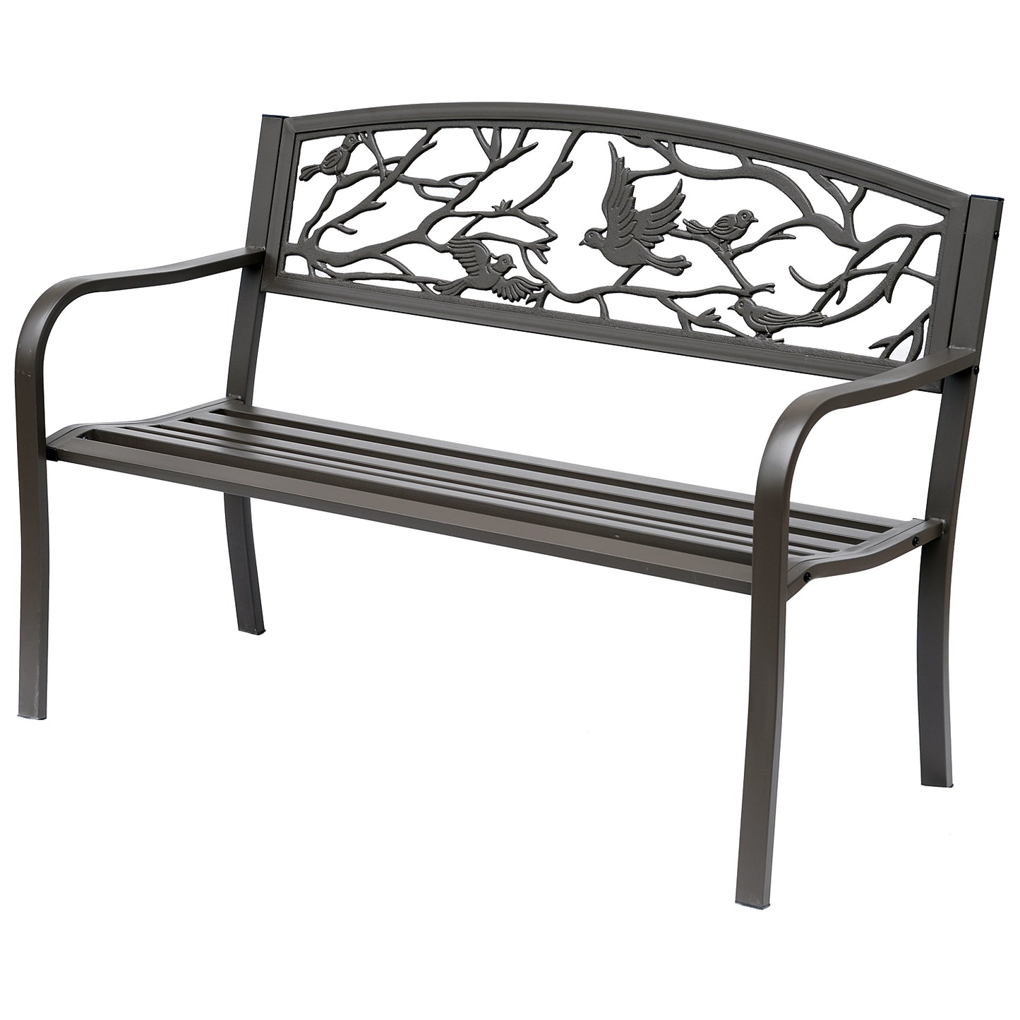 50" Garden Bench Outdoor Loveseat with Vintage Bird Pattern Cast Metal - Brown