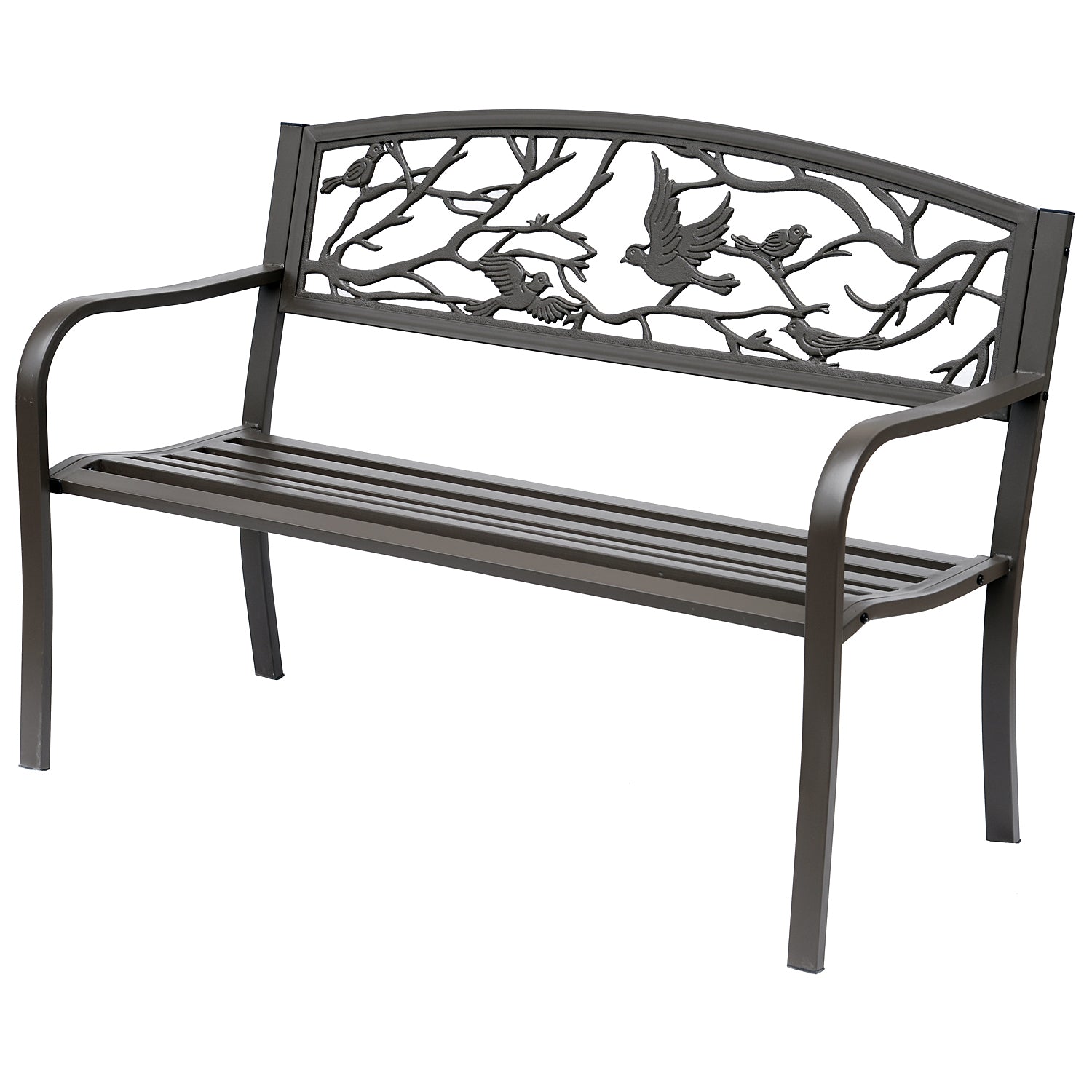 50" Garden Bench Outdoor Loveseat with Vintage Bird Pattern Cast Metal - Brown