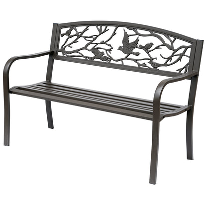 50" Garden Bench Outdoor Loveseat with Vintage Bird Pattern Cast Metal - Brown