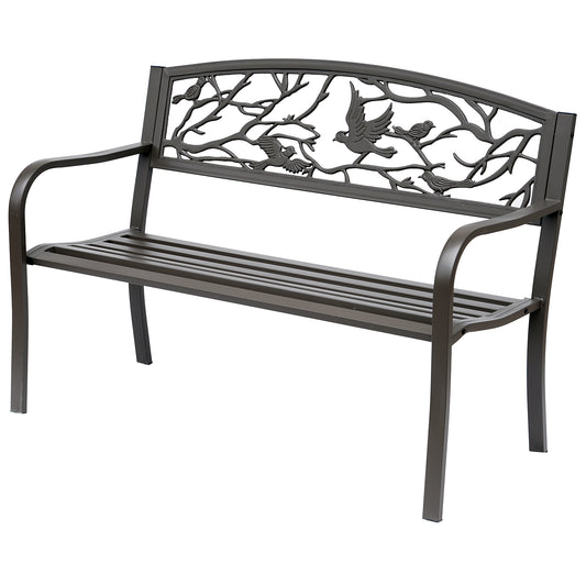 50" Garden Bench Outdoor Loveseat with Vintage Bird Pattern Cast Metal - Brown