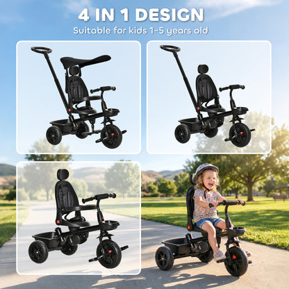 Qaba Tricycle for Toddler 4 in 1 Kids Trike, Converts Stroller to Toddler Bike, Adjustable Backrest & Flat Canopy, Detachable Guardrail & Handle for 1-5 Years Old, Black