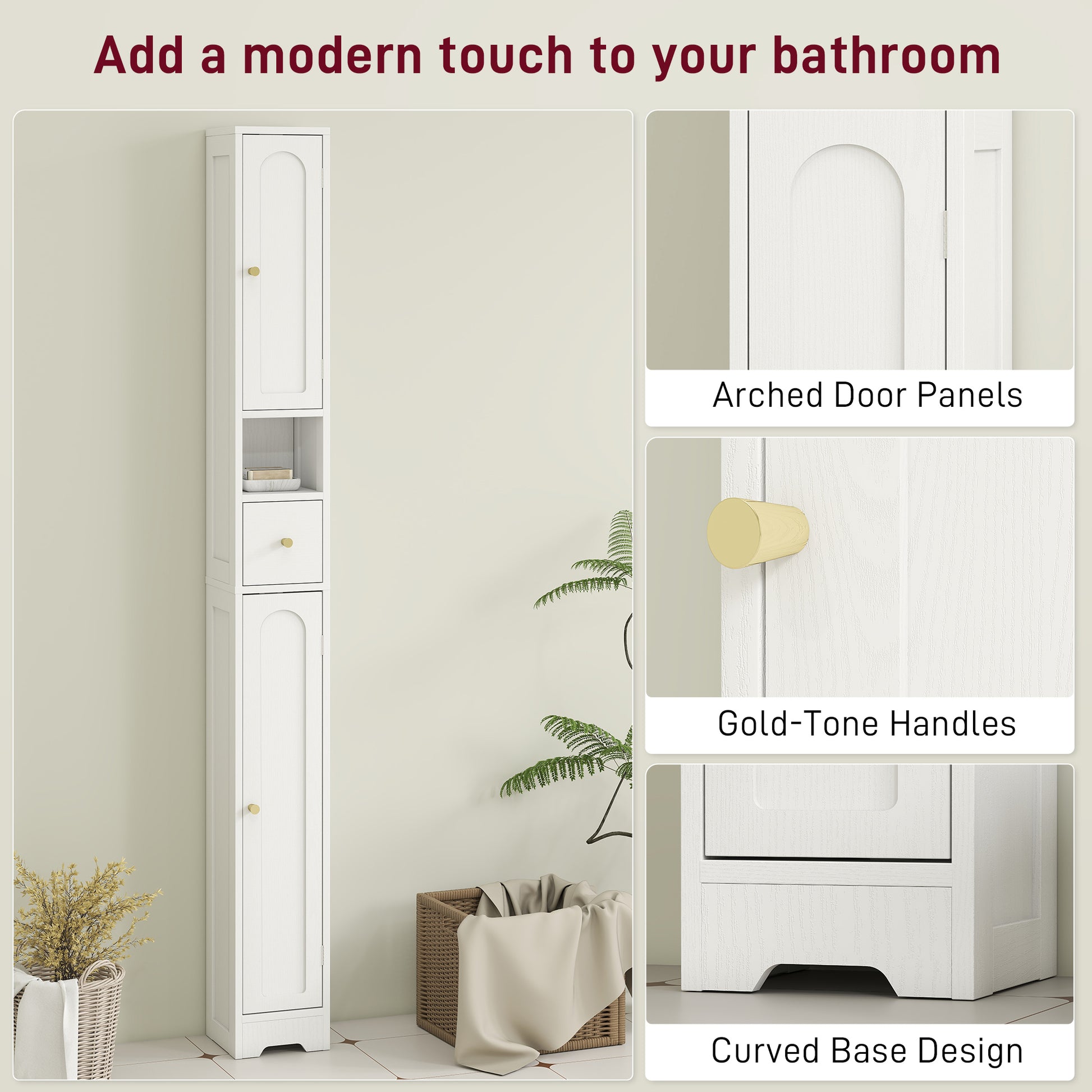 Tall Bathroom Cabinet, Modern Slim Bathroom Storage with Arched Doors, Drawer and Open Shelf, Narrow Storage, White