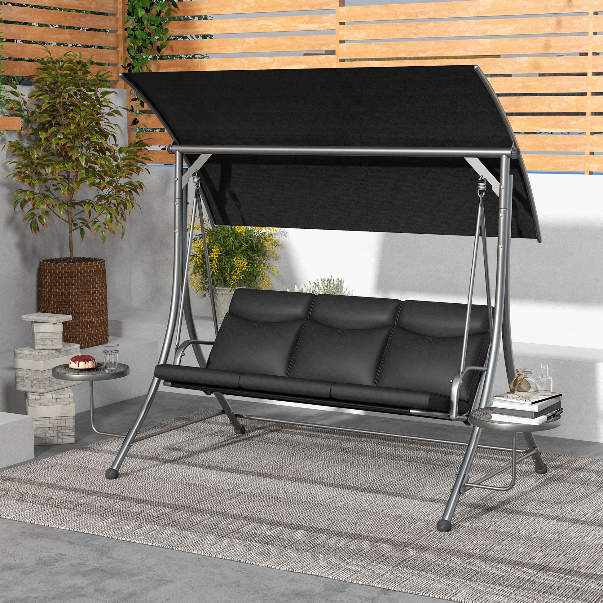 3 Seat Outdoor Swing Chair Steel Swing Bench Porch Swing With Adjustable Canopy & Coffee Tables & Cushion for Patio Garden, Black