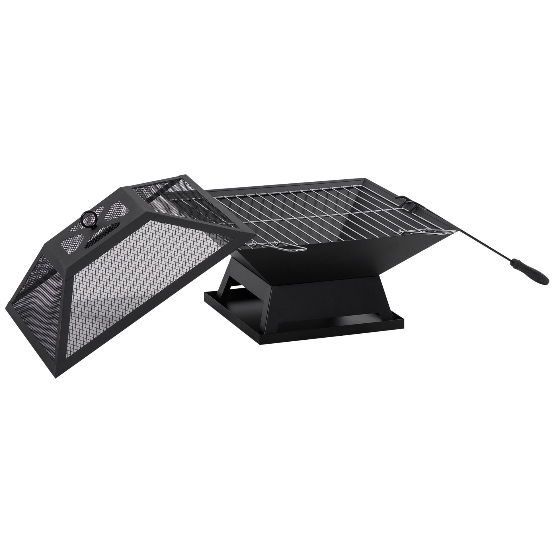 17.7" Wood Burning Portable Fire Pit, Outdoor Firepit with Cooking BBQ Grill, Spark Screen, Poker for Backyard, Black