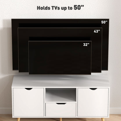 TV Stand with Storage for up to 50" TV, Modern TV Table with Open Shelf, Drawer and 2 Cabinets, White