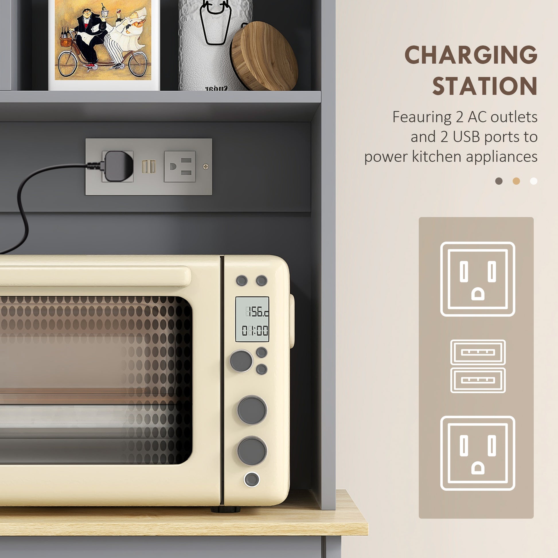 Kitchen Cabinet with Charging Station, 2 Tilt Out Cabinets, Microwave Stand, Freestanding Kitchen Pantry Cabinet, Grey