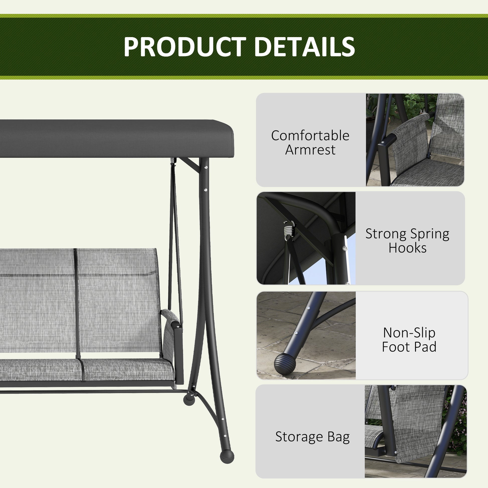 3 Person Outdoor Porch Swing Chair with Adjustable Canopy, Mixed Grey