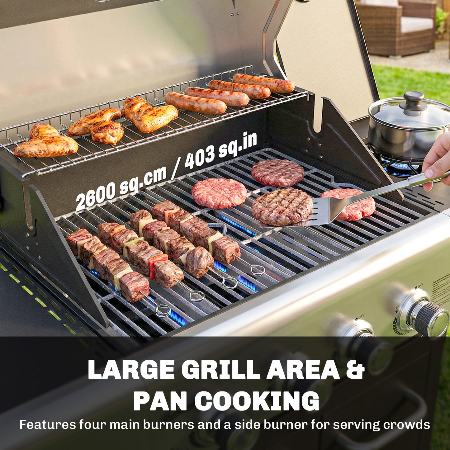 4 Burner Propane Gas Grill with Side Burner, 53,000 BTU BBQ Grill with Cast Iron Grates, Wheels, Warming Rack, Cabinet