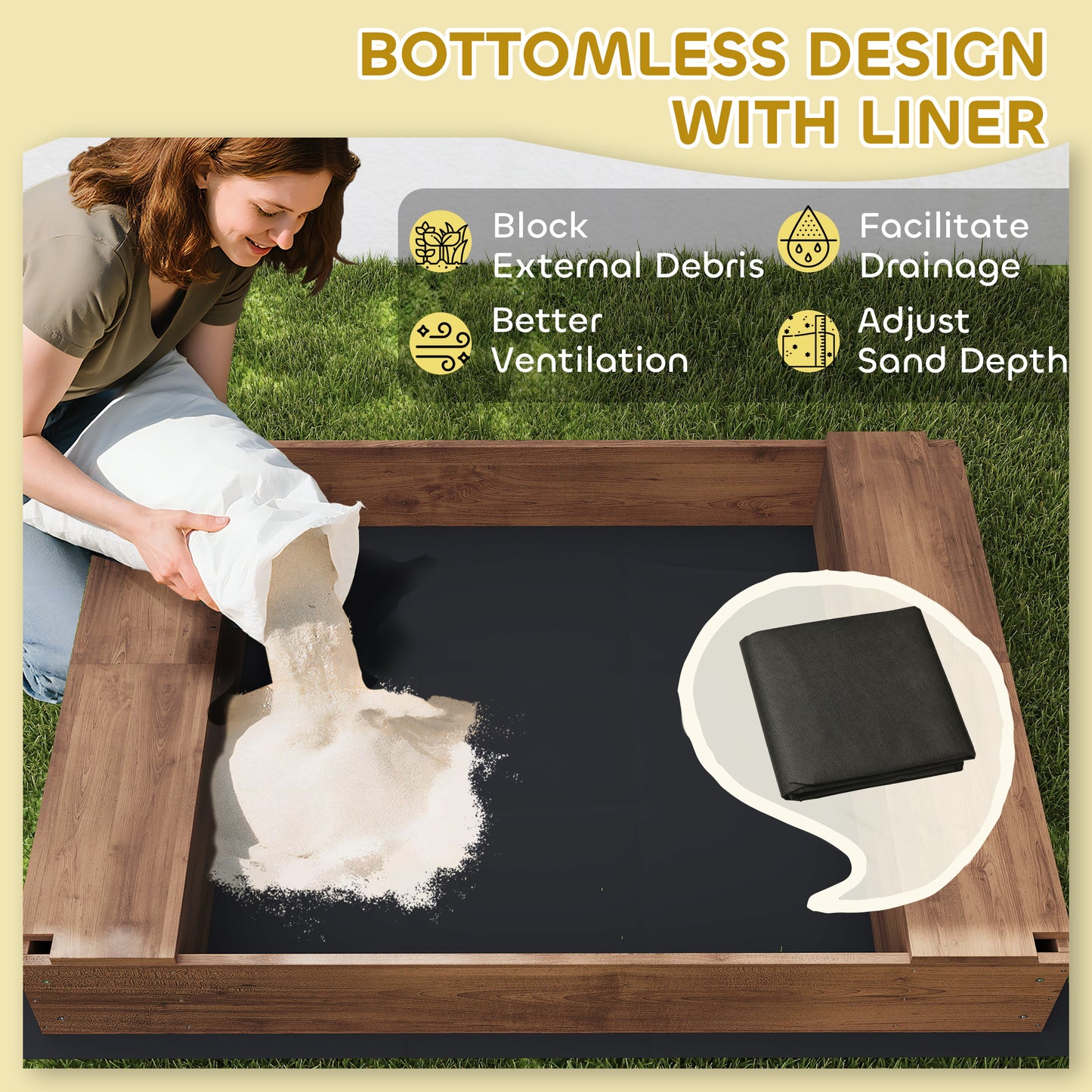 Qaba Kids Sandbox with Full Covered Canopy, Bench Seats, Bottom Liner, for Ages 3-6, 56" x 40" x 52", Brown