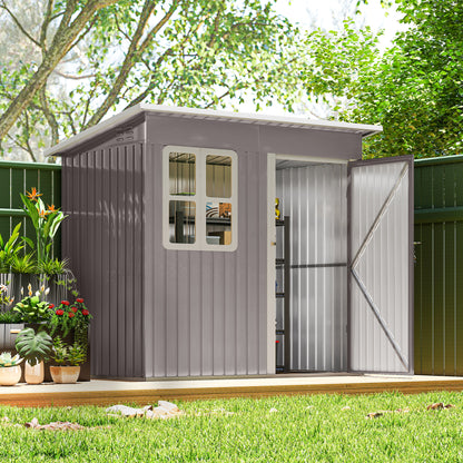 7' x 4' Galvanised Steel Outdoor Storage Shed, Garden Shed with Window, Lockable Wide Door and Air Vents, Warm Grey