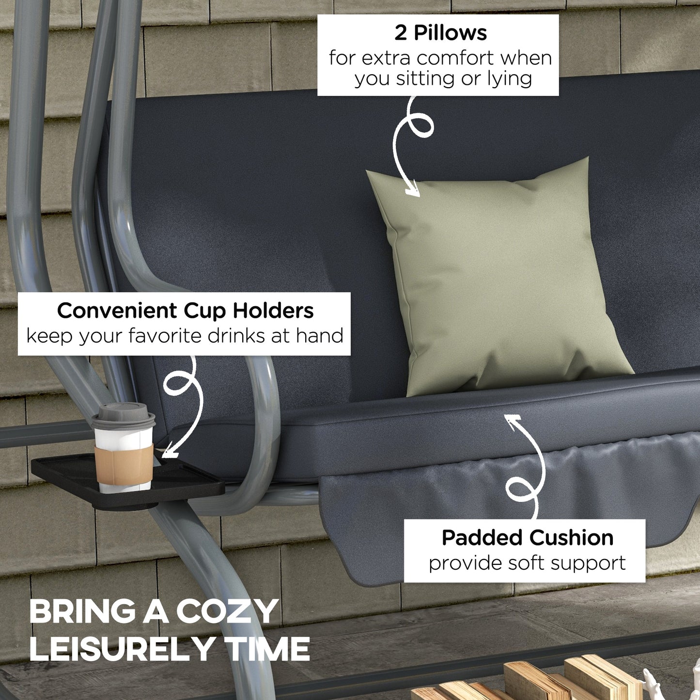 3-Seat Outdoor Patio Swing Canopy Chair, Converting Flat Bed with Adjustable Shade, Cushions, Cup Holder, Dark Grey