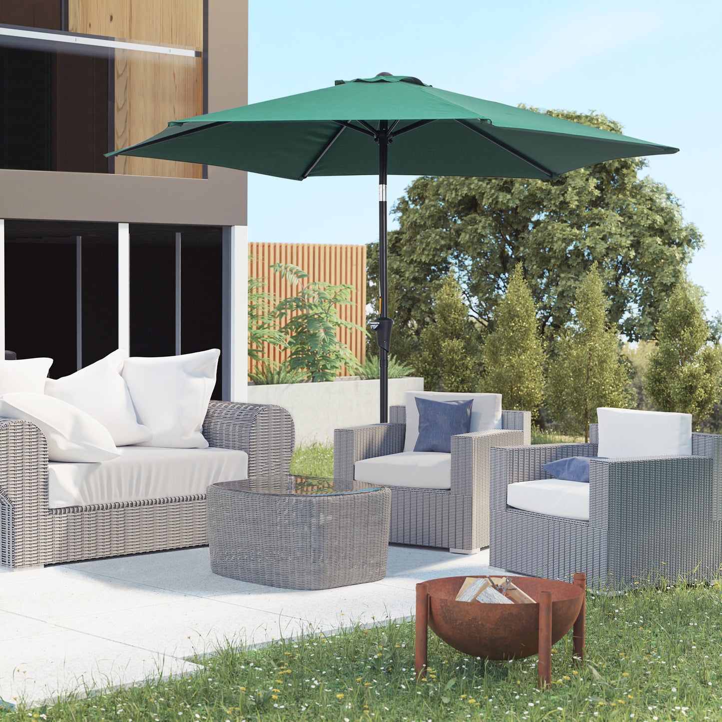 8.5FT Patio Umbrella, Round Garden Parasol with 6 Ribs, Market Sunshade Tilt Canopy w/ Crank Handle for Outdoor, Green
