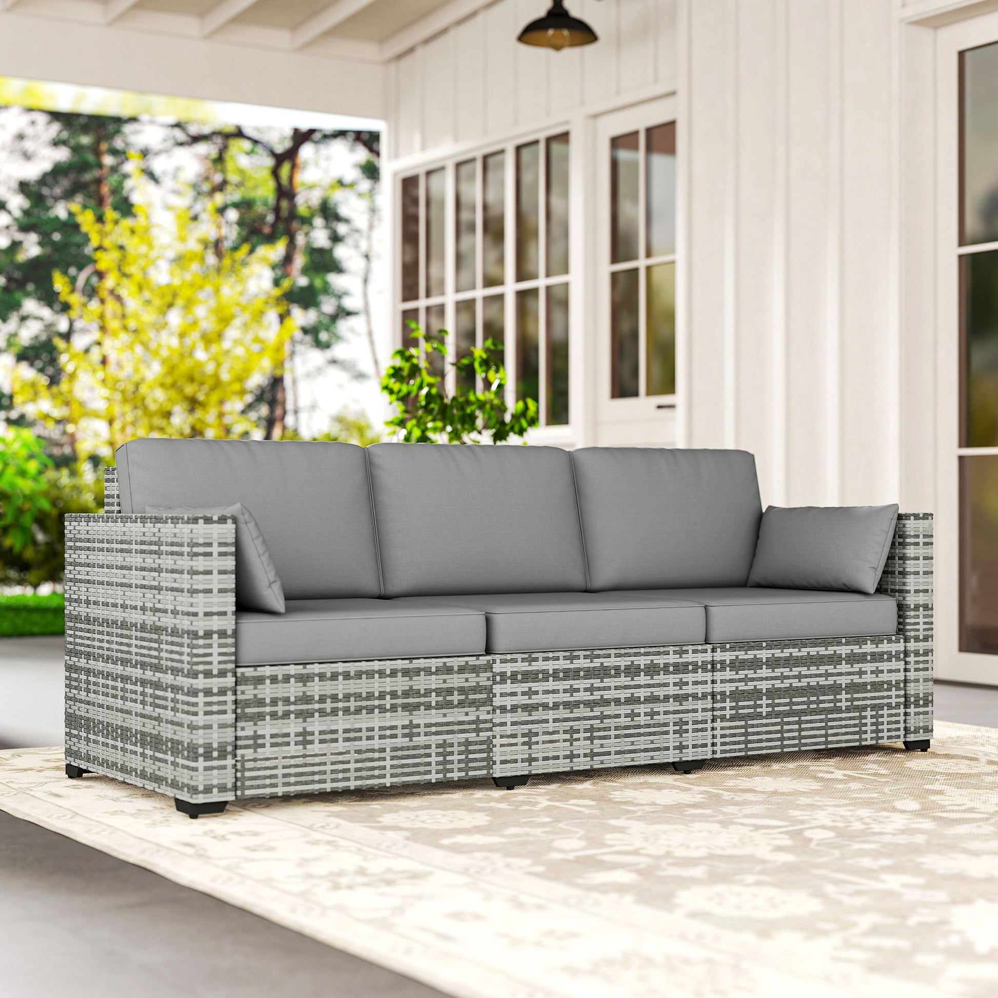 3-Seater Outdoor Sofa with Cushions, PE Rattan Conversation Patio Couch with Pillows for Garden, Poolside, Grey
