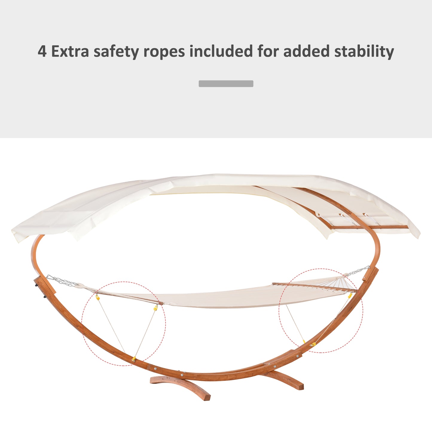 2 Person Wood Swing Arc Hammock Bed and Stand Set with Canopy, White/Teak