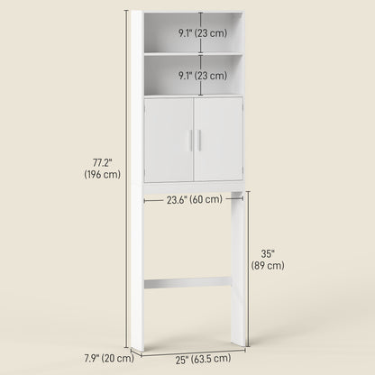 Over The Toilet Storage Cabinet, Freestanding 4-Tier Bathroom Organizer with Adjustable Shelf and 2 Doors, White