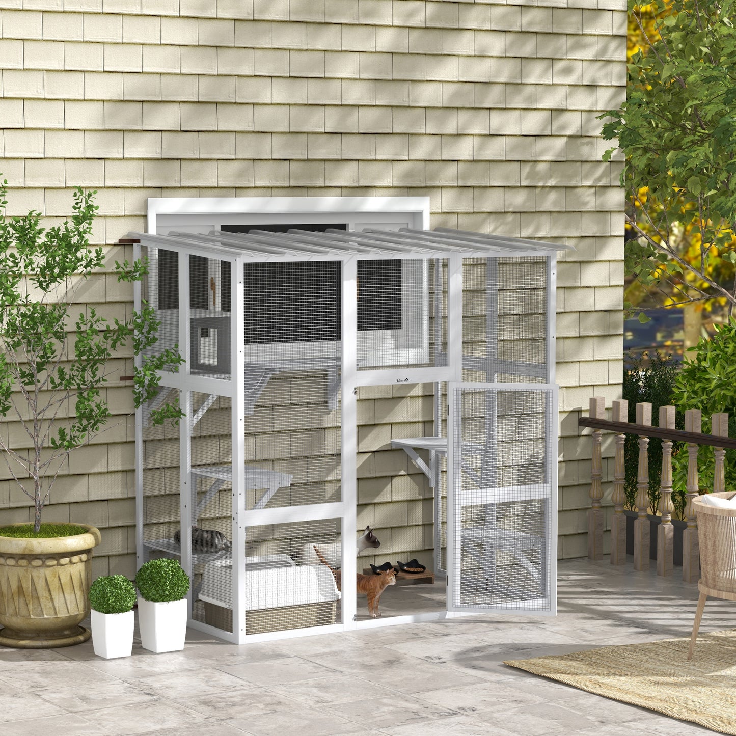 Large Outdoor Catio with Weatherproof Roof, Bridge, Resting Box, Platforms, White