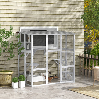 Large Outdoor Catio with Weatherproof Roof, Bridge, Resting Box, Platforms, White