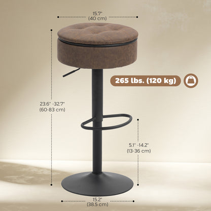 Set of 2 Barstools with Storage, Swivel Bar Stools with PU Leather Upholstered, Footrest, Steel Base, Brown