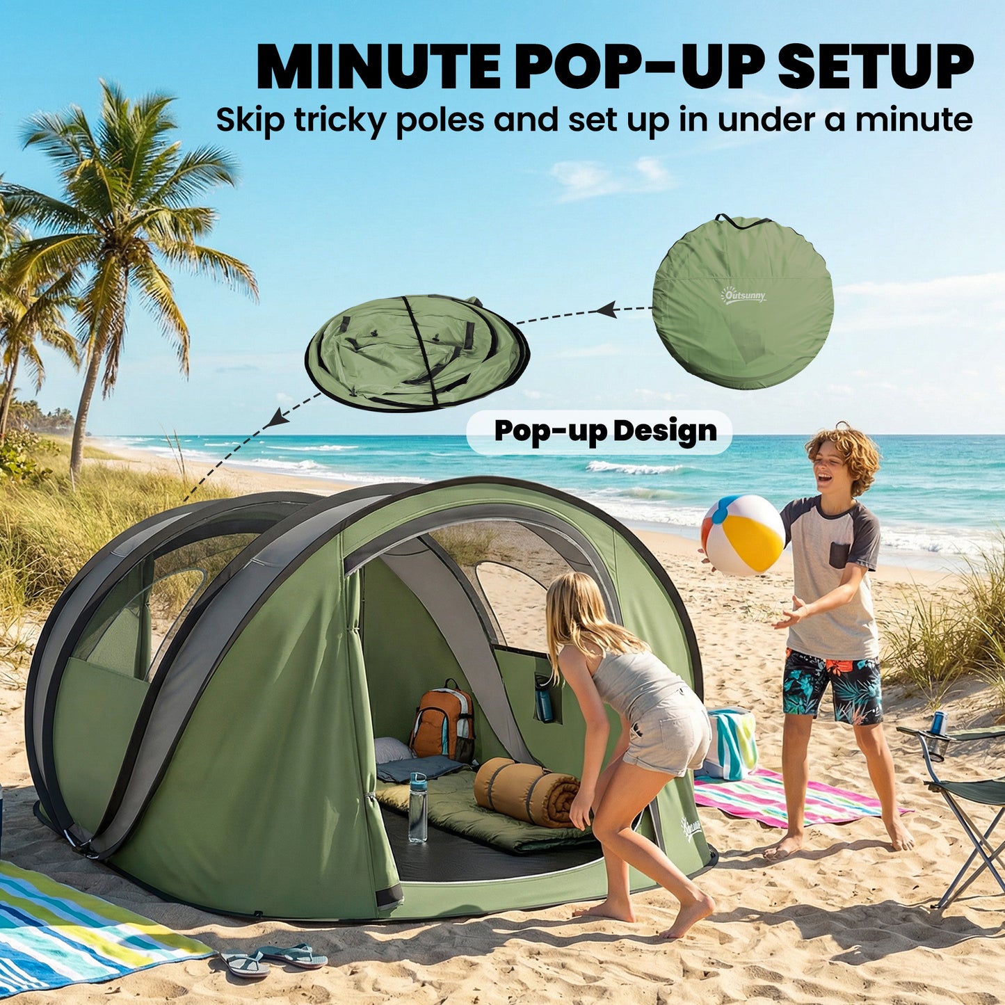 Family Tent Pop-Up Camping Tent with 2 Doors 2 Windows for 4-5 Person Waterproof Green
