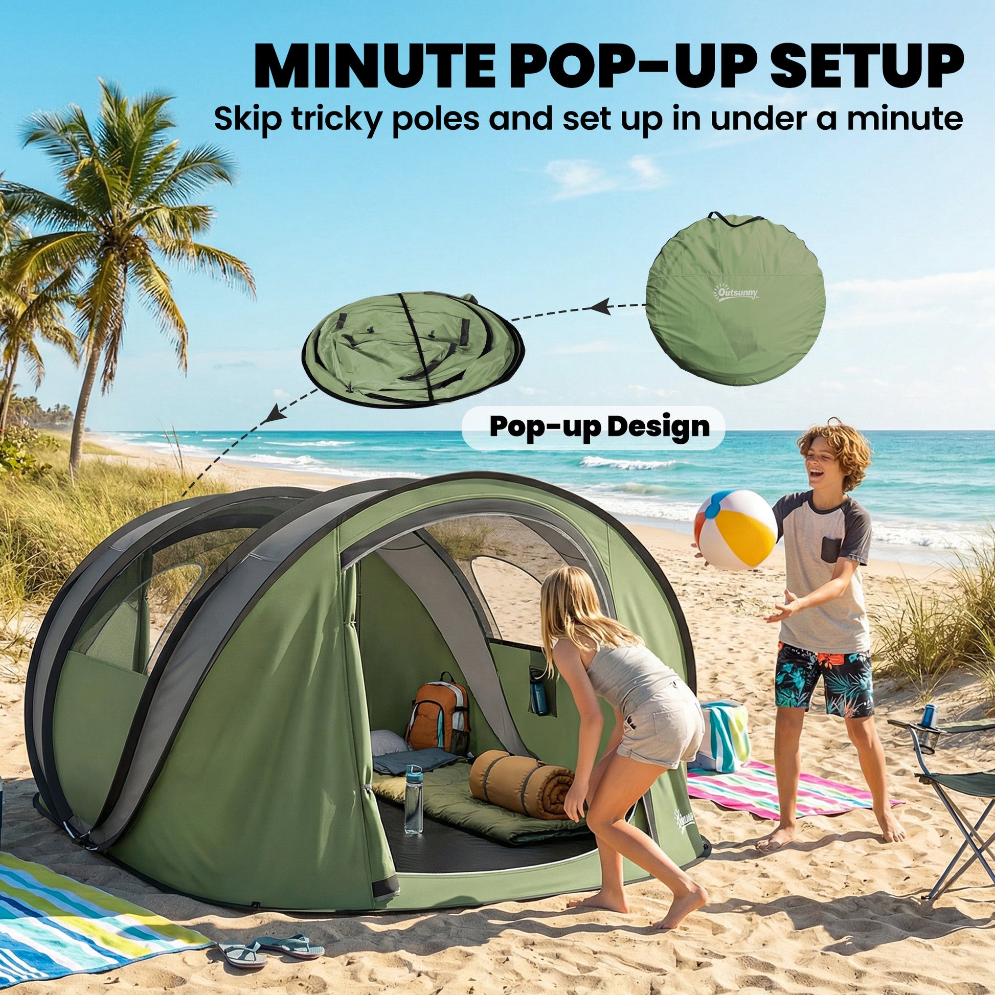 Family Tent Pop-Up Camping Tent with 2 Doors 2 Windows for 4-5 Person Waterproof Green