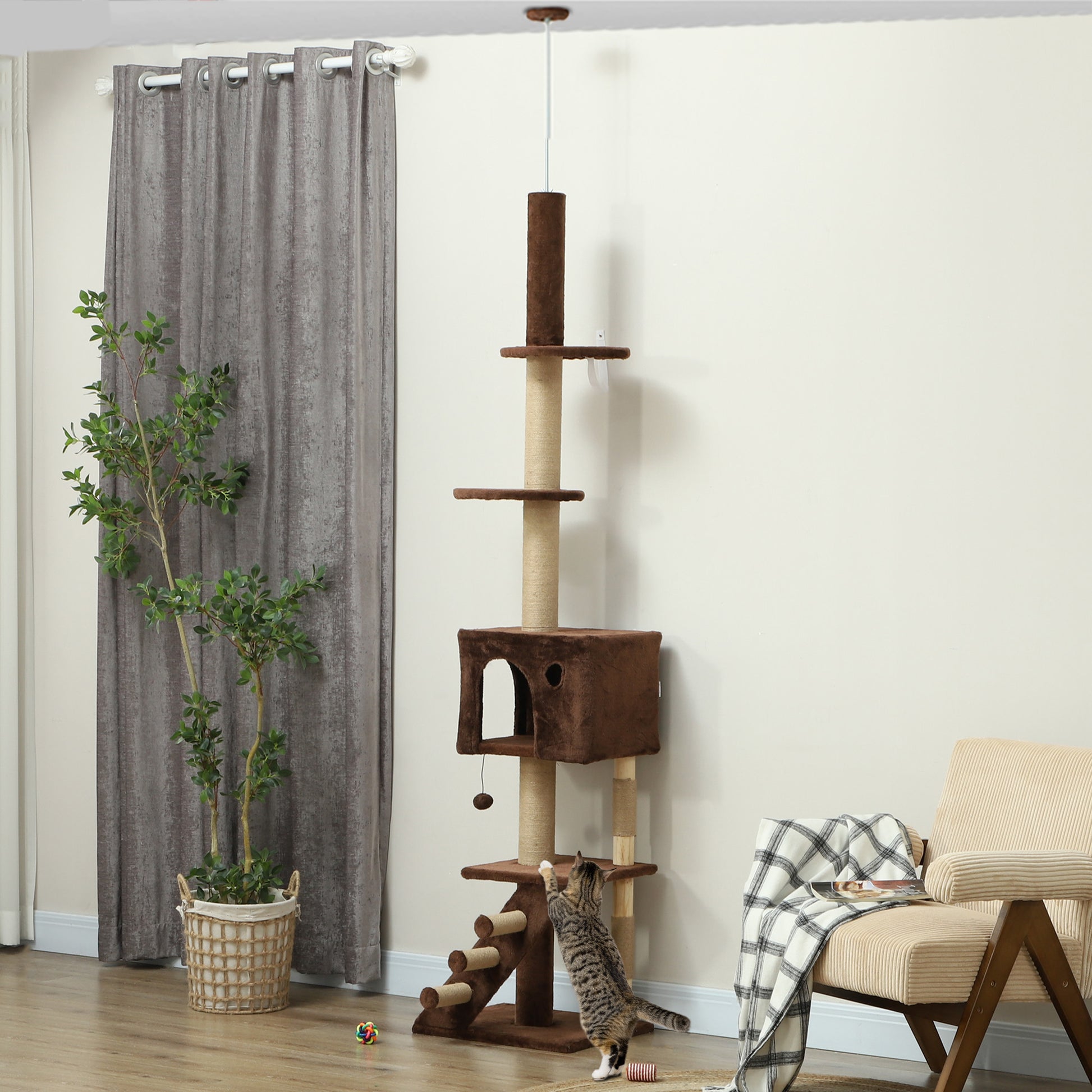 89"-100" Floor to Ceiling Cat Tree with Scratching Post, Cat House, 3-Steps, Hanging Ball, Perches, Anti-tip Kit, Brown