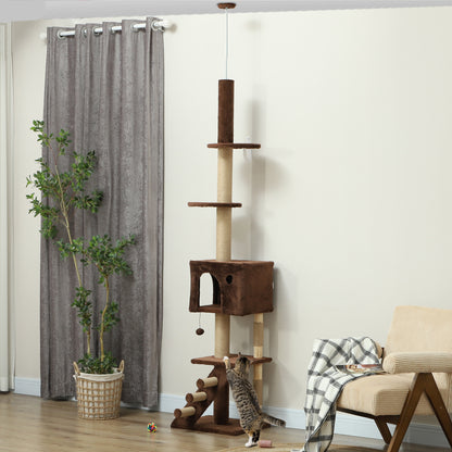 89"-100" Floor to Ceiling Cat Tree with Scratching Post, Cat House, 3-Steps, Hanging Ball, Perches, Anti-tip Kit, Brown