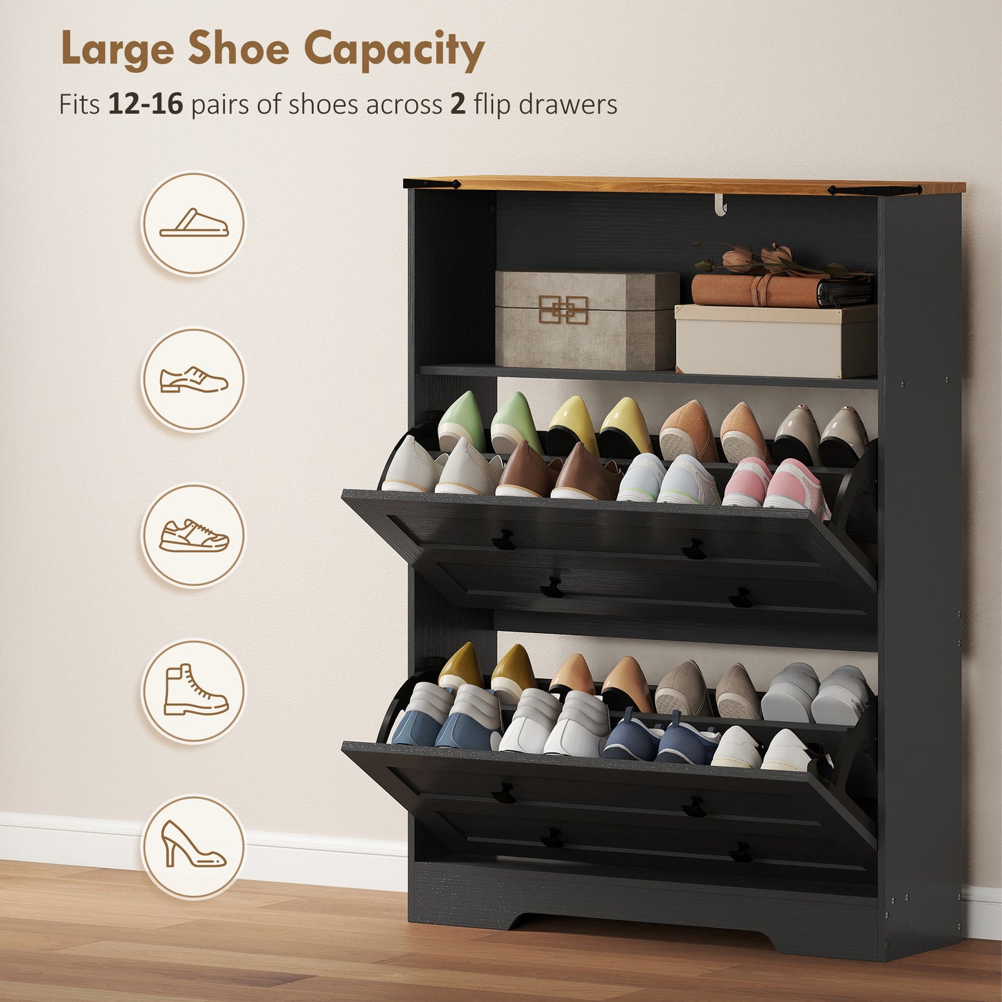 Shoe Cabinet with 2 Flip Drawers, Narrow Shoe Storage Cabinet, Black