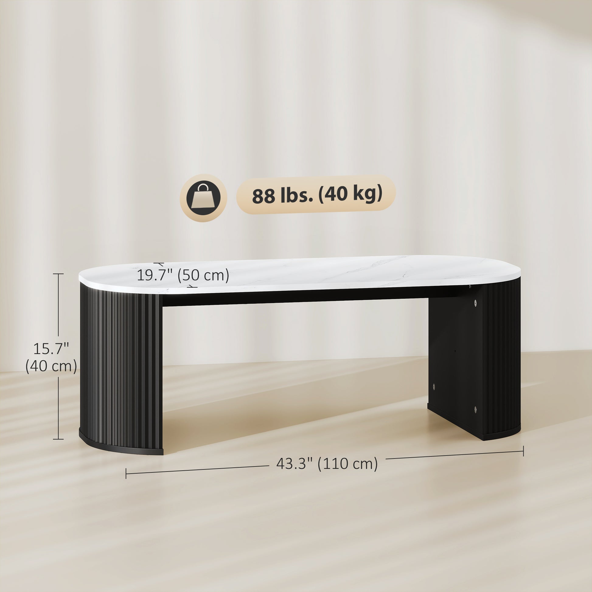 Coffee Table, Modern Marble-Effect Living Room Table with Round Corners and Thicken Legs, Black