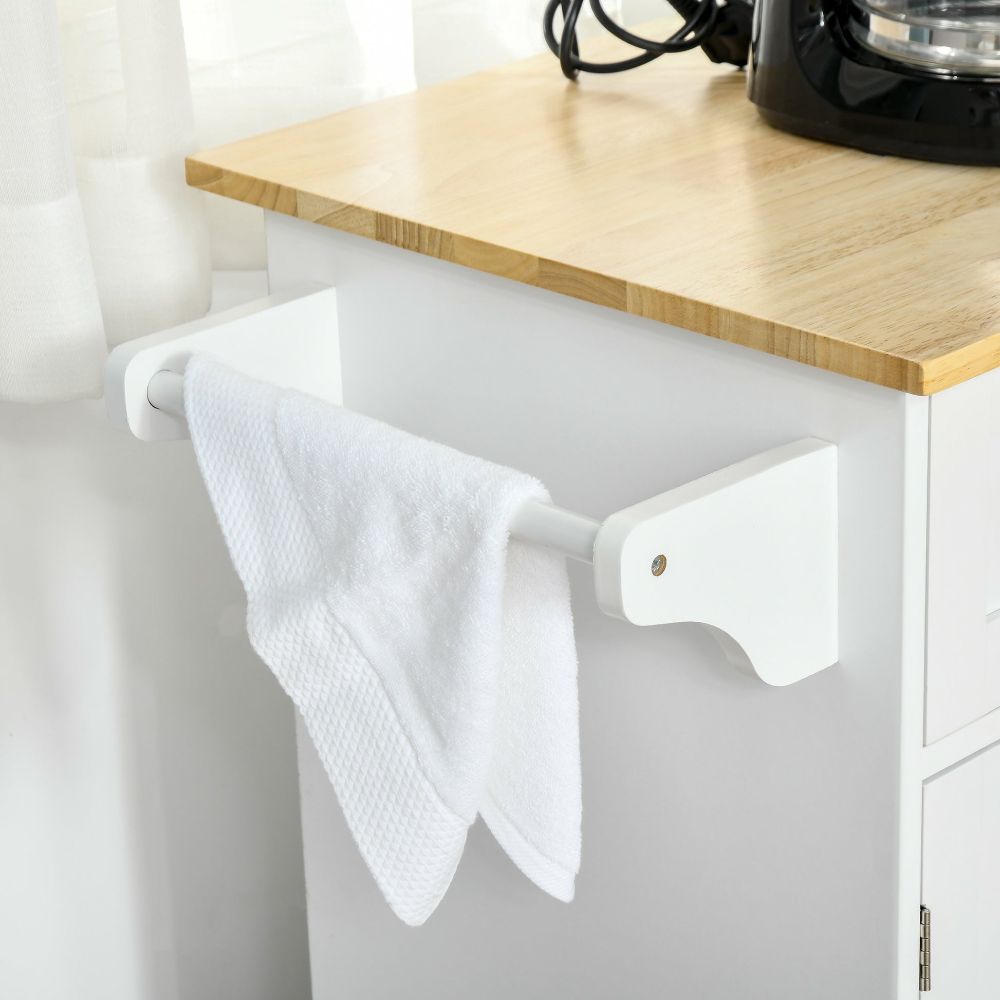 48" Kitchen Island with Storage and Solid Wood Top, Rolling Kitchen Cart on Wheels with 2 Storage Drawers, 3 Doors and Towel Rack for Dining Room, White