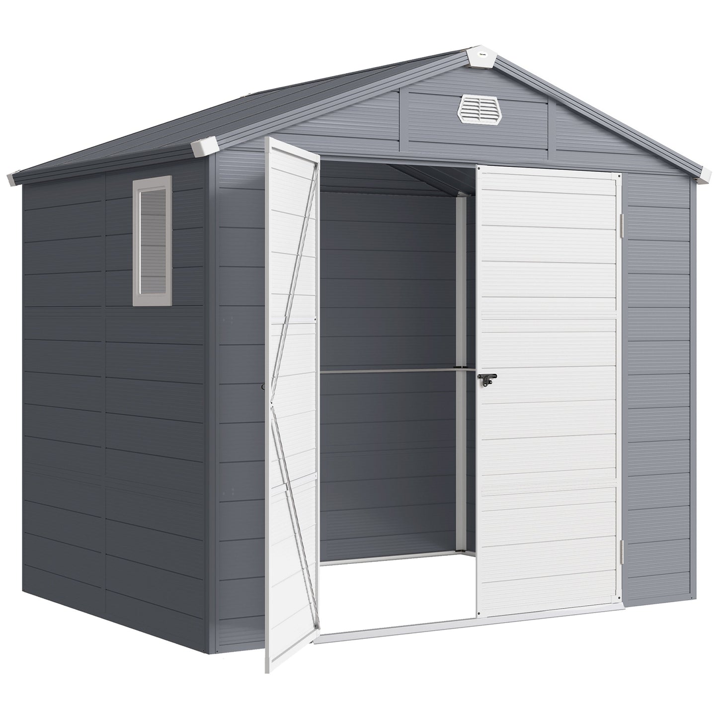 8' x 6' Plastic Garden Storage Shed with Latch Door, Vents, Sloped Roof, Dark Grey